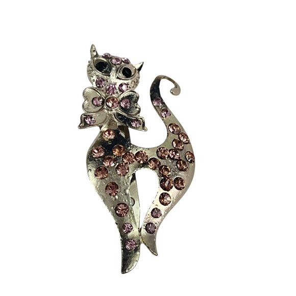 Vintage Cat Rhinestone Brooch Pin With Pink & Purple Crystals - Picture 1 of 6